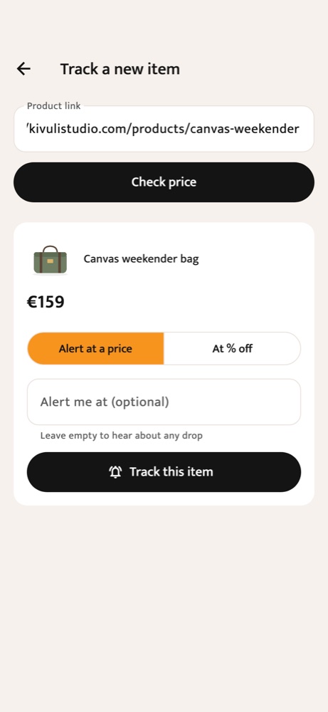 Adding an item: a pasted product link, the price Mwewe found, and a choice of alert at a price or at a percentage off.