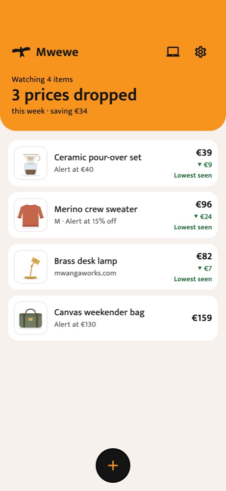 Mwewe’s list: four tracked items, three with price drops, and a header saying three prices dropped this week.
