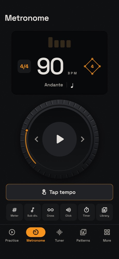 Ngoma’s metronome at 90 BPM in 4/4, with a tempo dial and a Tap tempo button.