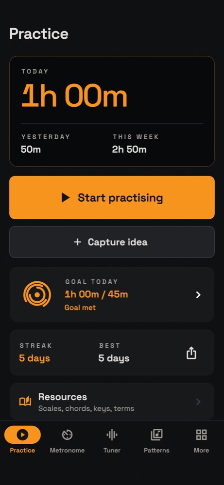 Ngoma’s Practice screen: today’s total, a Start practising button, the daily goal and a five-day streak.