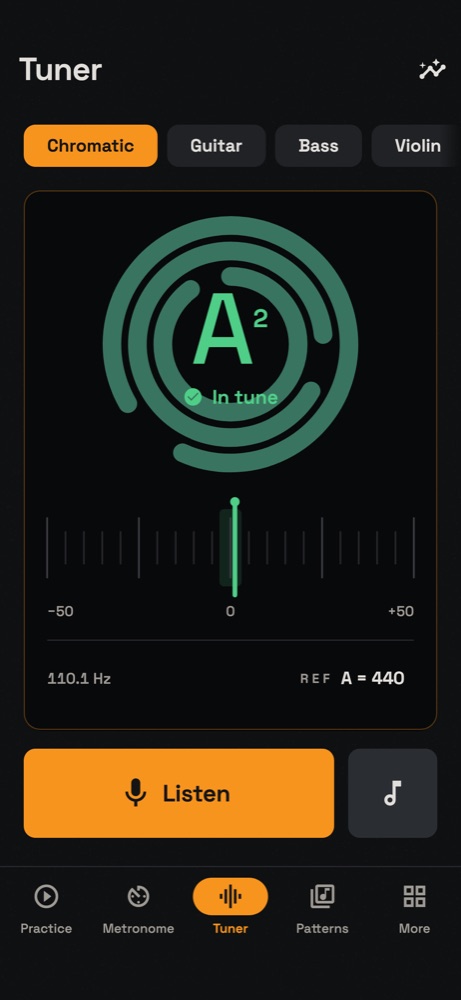 Ngoma’s tuner showing A2 in tune at 110.1 Hz, with A = 440 as reference.